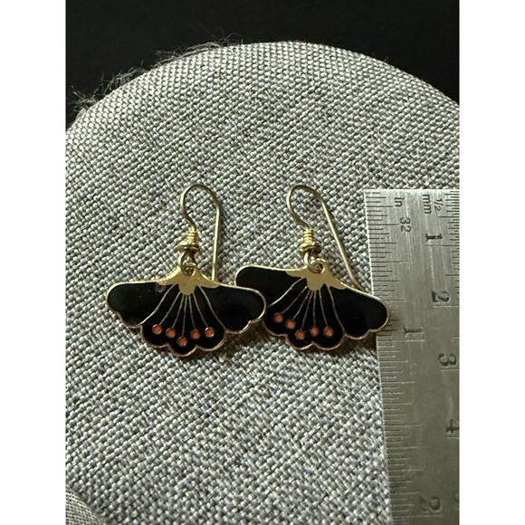 Vintage Laurel Burch 'Peony' Black Red Enamel Gold Pierced Drop Earrings Whimsy - Picture 4 of 4